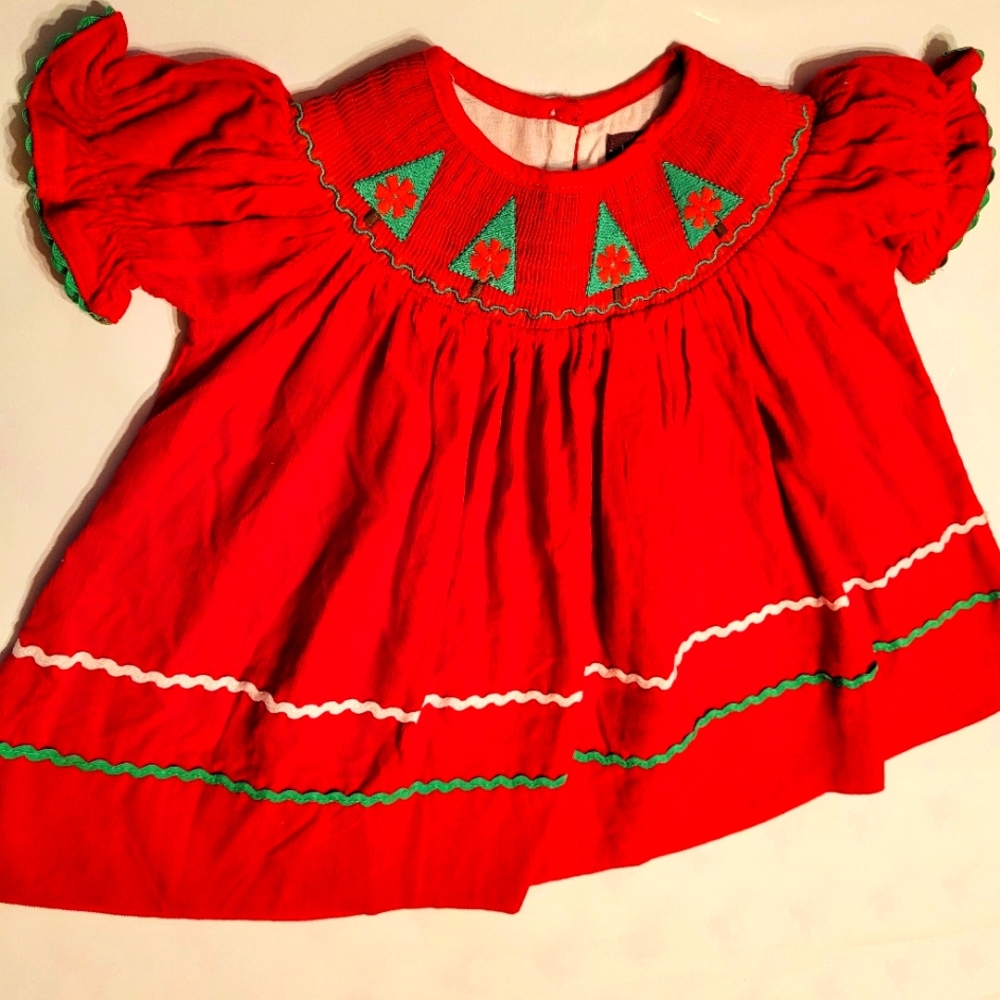 Lil Cactus Red Smocked w green Xmas Tree /white an green strips Kid Dress 3-6mos